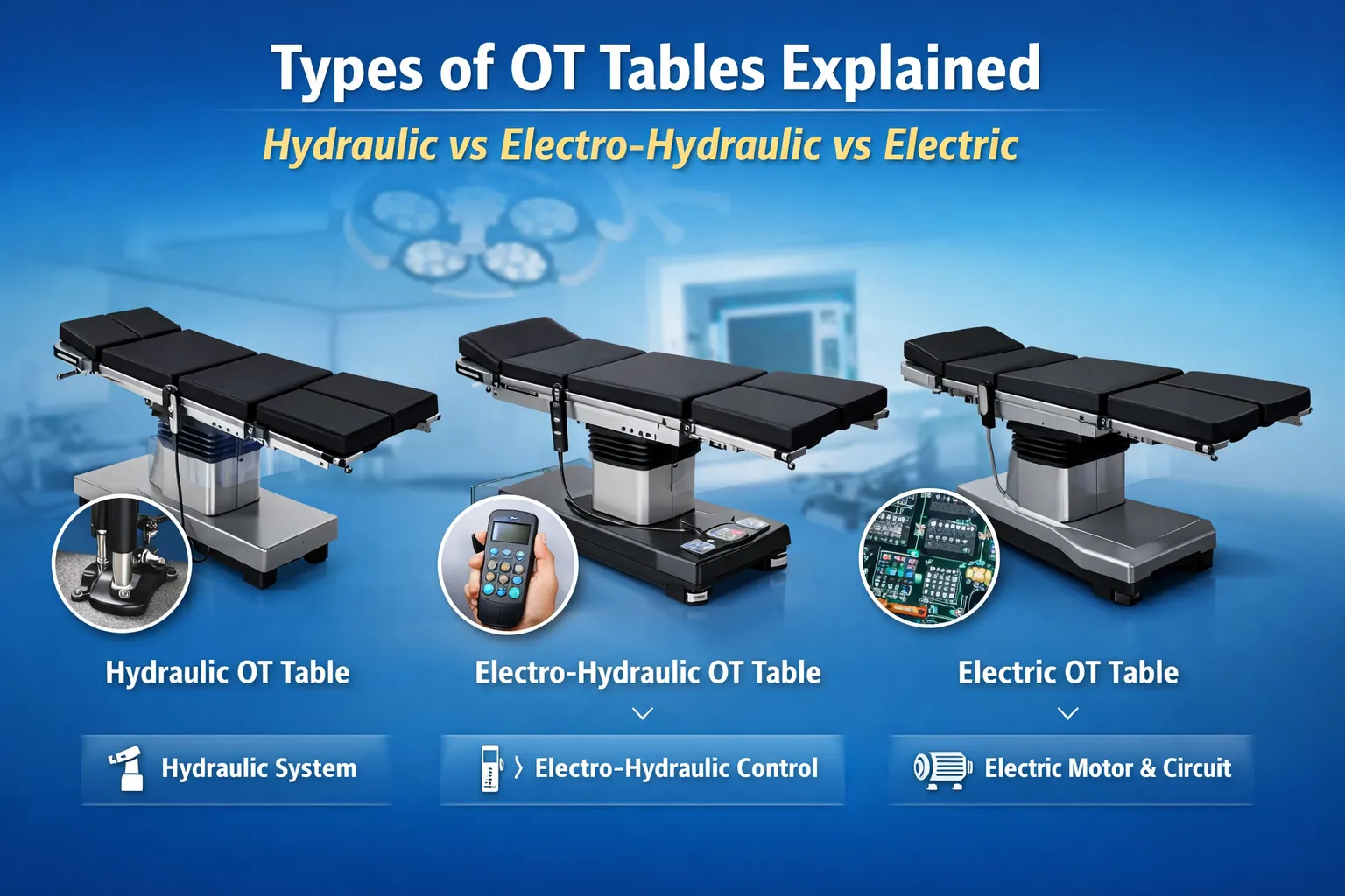 Types of OT Table and Uses Explained: Hydraulic vs Electro-Hydraulic vs Electric